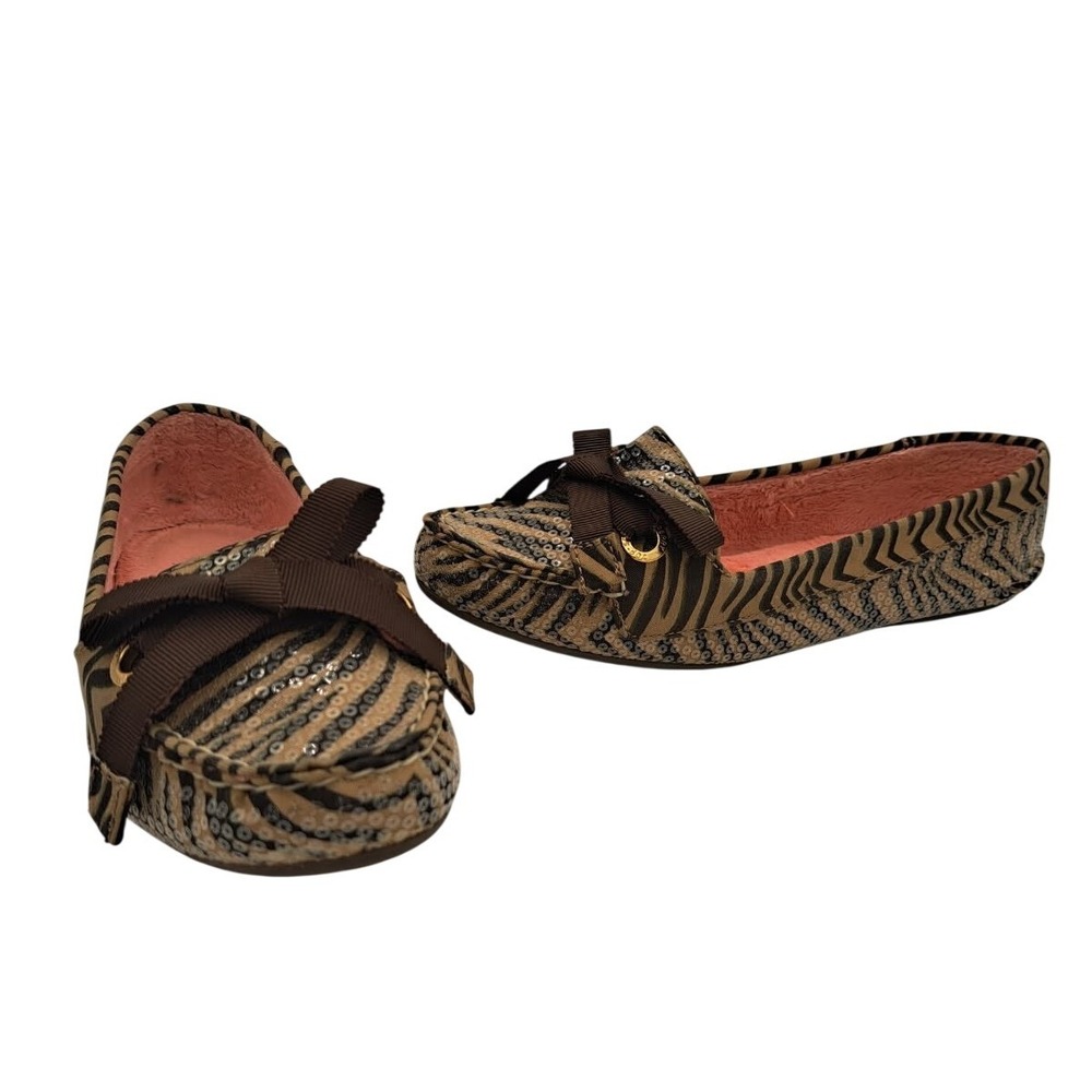 Sperry Top-Sider Boat Shoes Womens Size 7M Brown Zebra Sequin Ribbon Bow Loafers